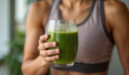 Fototapeta premium A woman wearing sportwear holding green smoothie in glass