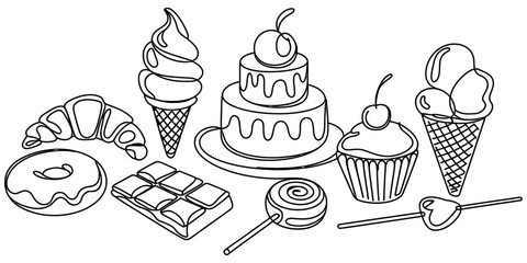 Black and white line drawing of various desserts including cake, donut, ice cream, and chocolate. © S Arts & Culture