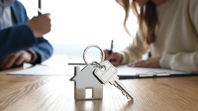 House key and keychain with people signing documents on table