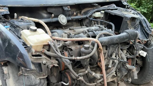 The car was seriously damaged as a result of a recent collision and a traffic accident. Close-up of car engine shows a extensive damage to the front as a result of a serious accident.