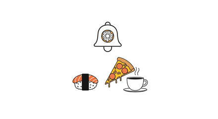 Fototapeta premium Various food icons sushi pizza coffee cup and a donut bell isolated