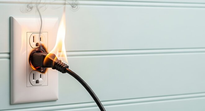 Electrical outlet on fire with smoke and flames coming from the plug