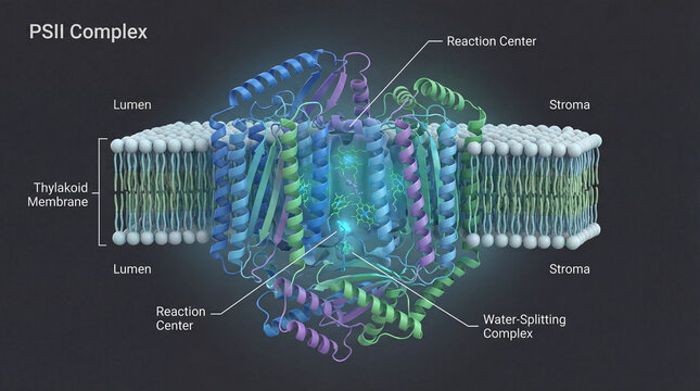 Revealing Photosystem II's vibrant core embedded within the thylakoid membrane, orchestrating the radiant dance of light energy conversion