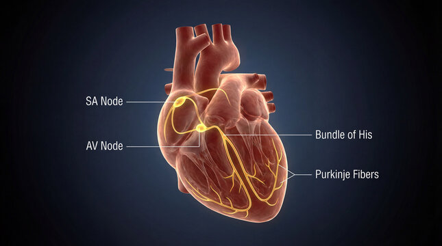 Journey through the heart's intricate electrical core revealing the vital SA Node and Purkinje Fibers system