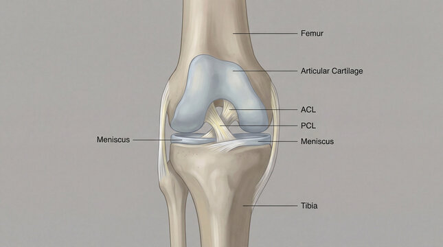 Intricate human knee joint architecture unveiling vital ligaments, cartilage, and connecting bones for medical understanding
