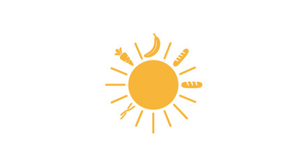 Fototapeta premium Sun illustration with food items around it against a white background