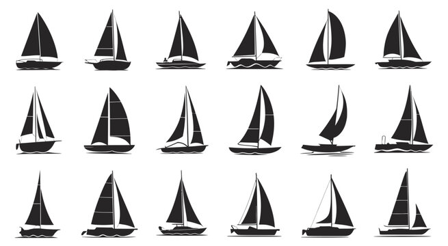 Sailing boat silhouette black icons set, transport, travelling, vacation marine ship with sail, yacht, nautical design elements for yacht club, sailing sport logo, flat style, isolated vector 