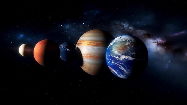 Explore the solar system with planets in alignment and the sun shining bright in the background at a distant perspective