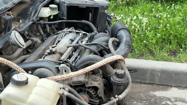 The car was seriously damaged as a result of a recent collision and a traffic accident. Close-up of car engine shows a extensive damage to the front as a result of a serious accident.