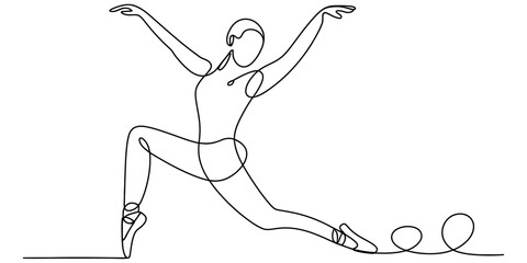 Continuous line drawing of a graceful ballerina performing a dance pose on a plain white background © S Arts & Culture
