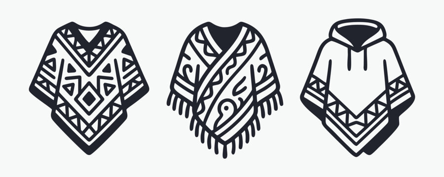 Stylized Poncho and Serape Icons Set. Traditional Tribal Patterns.