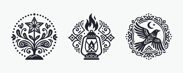 Ornate Monogram Icons: Star Plant, Kerosene Lamp, and Bird