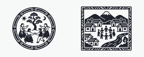 Naklejka premium Traditional Community Icons: Folk Dance and Village Life Scene