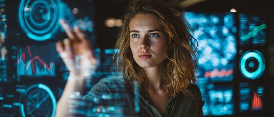 Businesswoman exploring AI-based dashboard for market growth