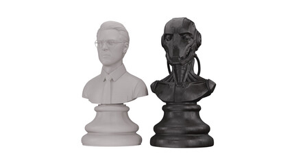 Executive and robot pawns on a chessboard. 3D rendering