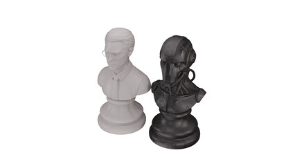 Executive and robot pawns on a chessboard. 3D rendering