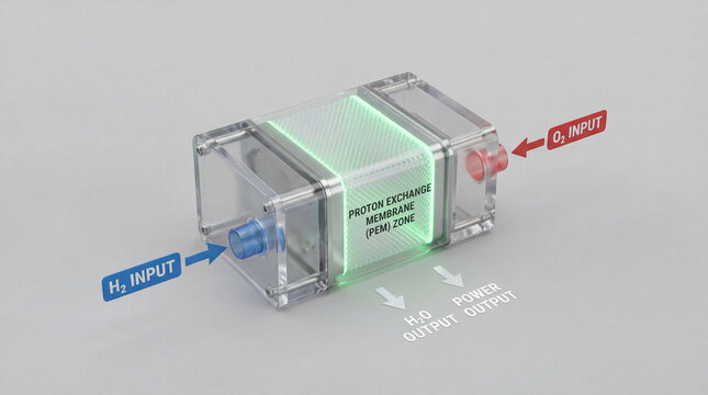 Proton exchange membrane zone shines brightly, depicting hydrogen and oxygen transformation into clean power and water output
