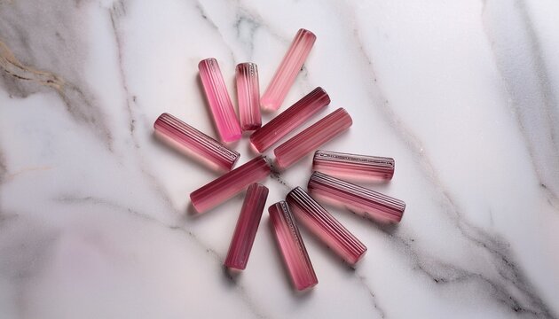 pink tourmaline rods arranged on white marble with a rough textured appearance
