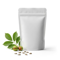 Standing pouch of walnut supplements with scattered nuts and leaves nearby