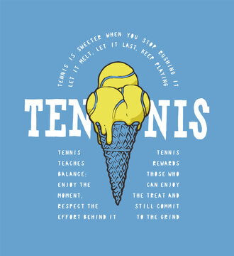 Tennis balls ice-cream in waffle cone vintage typography tennis t-shirt print vector illustration.