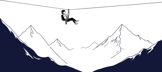 Black and White Silhouette of Person Ziplining Between High Mountain Peaks for Extreme Sports Outdoor Adventure Recreation Tourism and Adrenaline Junkie Concept Graphic Design © MstRupali