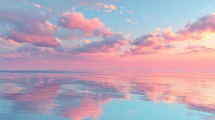 Fototapeta premium Serene Sunset Reflection: The calm water mirrors a breathtaking pastel sunset, creating a dreamy landscape filled with soft hues and tranquility.