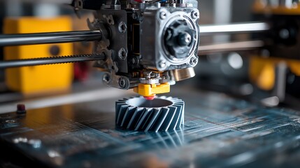 Close-up of a 3D printer creating a complex mechanical part in a workshop.
