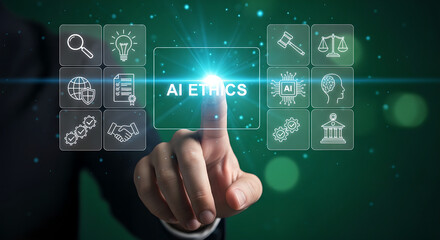 Obraz premium Artificial Intelligence Ethics Concept Digital Interface Hand