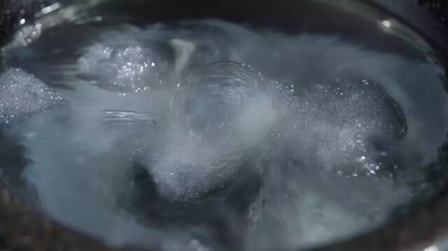 Detailed look at swirling water in a sink with bubbles and movement in a close shot during the daytime in a home kitchen setting