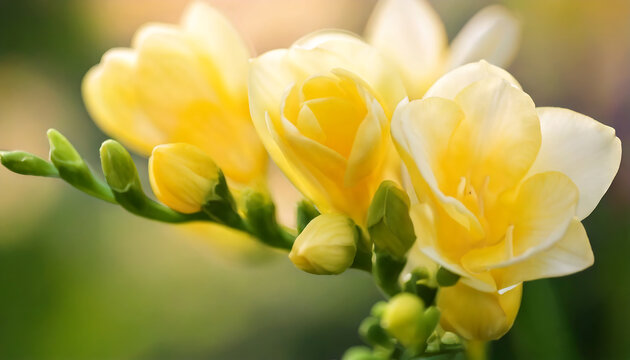 Close-up of delicate yellow freesia flowers with soft focus background