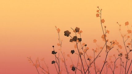 Obraz premium Silhouettes of flowers against a gradient sky, with a warm orange and pink hue, and a soft focus effect.