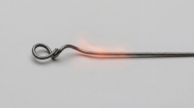 Curved metallic strand caught in a moment of brilliant transformation, its core alight with a fervent, radiant warmth