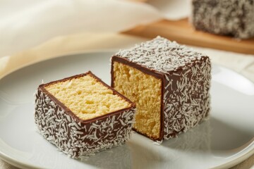 Chocolate coated square cakes with coconut flakes on white plate dessert