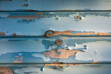 Close up of weathered wooden planks with peeling blue paint peeling paint