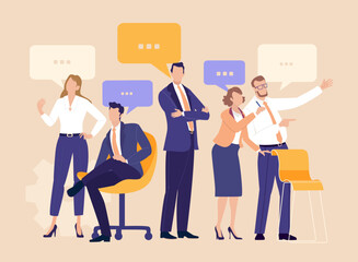 Business Synergy Team. Group portrait of a successful team surrounded by gears, charts, arrows, and speech bubbles, symbolizing collaboration, strategy, communication, and continuous business growth.