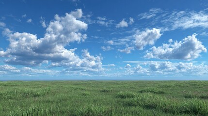 Obraz premium Limitless Horizon: Embrace the tranquility of nature with an expansive view of a vibrant green meadow stretching towards a cerulean sky adorned with fluffy, cotton-like clouds.