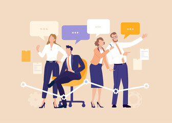 Business Synergy Team. Group portrait of a successful team surrounded  speech bubbles, symbolizing collaboration, strategy, communication, and continuous business growth.