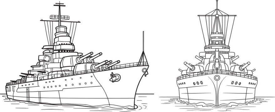 Battleship warship outline vector, military naval vessel with cannons and radar tower sailing on sea. vector