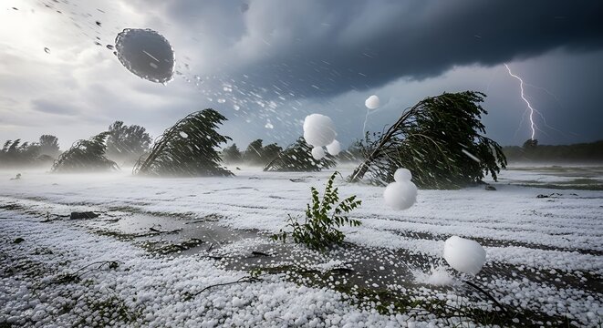 Violent hailstorm with lightning strikes damages trees and covers the ground in ice