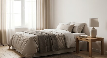 Cozy bedroom interior with made bed, bedside table, lamp and window with curtains.