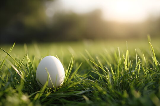 White egg resting on green grass in soft sunlight  