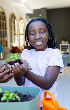African child with braids wearing pink top holding seedling while adult guiding hands at home table