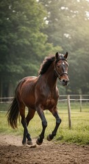 Fototapeta premium A magnificent dark brown equine powerfully moving at a controlled trot across an open field during the early morning sunlight ,beautiful ,animal ,strength