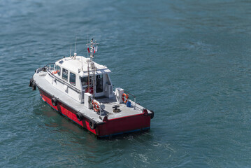 Top view of an pilot boat operating in the bay near the port of San Antonio, Chile.