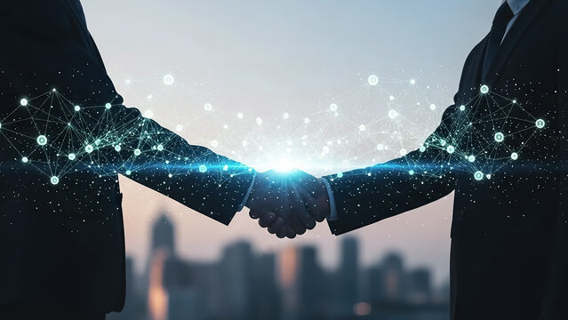 Business handshake with digital network connectivity and virtual link over modern city skyline background