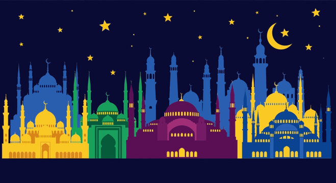Colorful mosque skyline under a starry night sky with crescent moon.