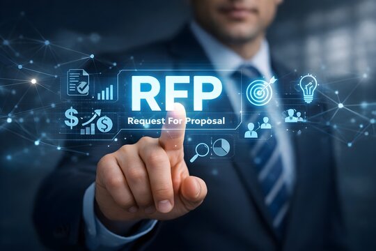 RFP Request for Proposal Business Concept &ndash; Businessman Pressing Virtual Screen, Procurement Process, Corporate Tender Management, Digital Business Strategy Interface