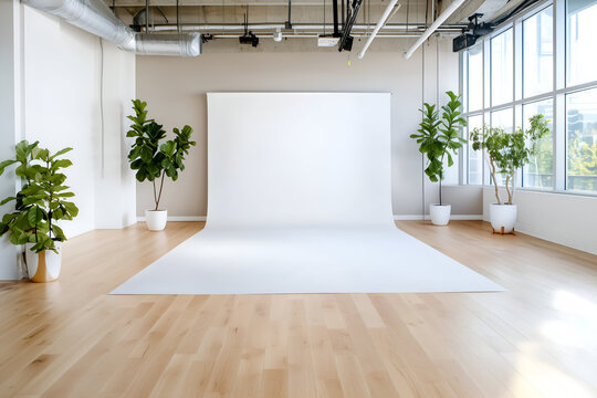 Modern Professional Photography Studio with Empty White Backdrop and Plants Bright Loft Studio Interior for Photoshoot or Video Production Mockup