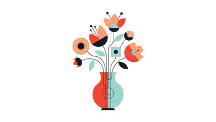Creative and modern illustration of a bouquet of flowers composed of abstract geometric shapes in a colorful vase.
