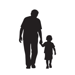 Silhouette of a father and young son walking and holding hands on a white background.